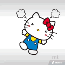 a cartoon of hello kitty standing in front of a fire with the words `` em không thích anh '' written on it .