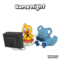 a cartoon of a duck and a mouse playing a video game with the words game night above them