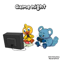 a cartoon of a duck and a mouse playing a video game with the words game night above them
