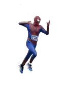 a person in a spiderman costume with a tag that says 2140 on it