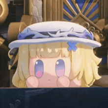 a cartoon girl wearing a white hat with a blue star on her head