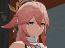 a close up of a pink haired anime character