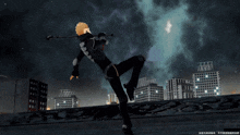 a video game character is holding a stick in front of a city