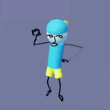 a stick figure with a blue hat and yellow shorts holds a yellow pillow over his head