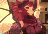 a cartoon character with horns and a purple outfit