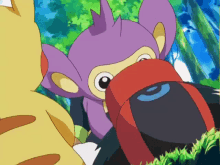 a purple monkey is holding a red item with a blue circle on it