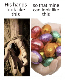 a picture of a hand tied to a tree and a picture of a hand holding easter eggs