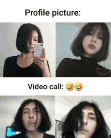 a woman taking a selfie next to a man with long hair