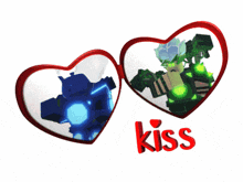 two hearts with a robot inside of them and the word kiss on the bottom