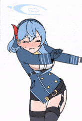 a drawing of a girl with blue hair and a red bow