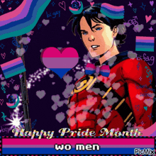 a picture of a man with a bisexual heart and the words happy pride month wo men