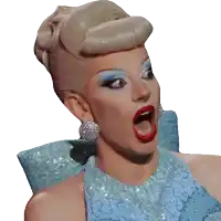 a woman with a surprised look on her face wearing a blue dress
