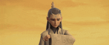 a cartoon character is holding a piece of paper in his hand