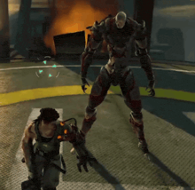 a video game is being played with a man and a robot fighting