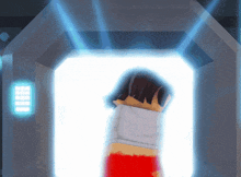a person in a red shirt is standing in a white room