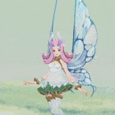 a fairy with pink hair and blue wings is standing in a field