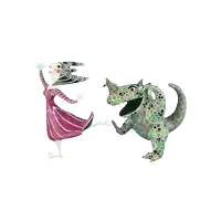 a woman in a pink dress is dancing with a dragon