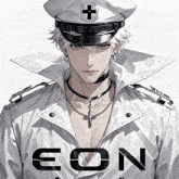 a man wearing a hat with a cross and the word eon