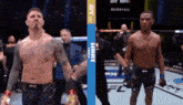 two men are standing next to each other in a ring .