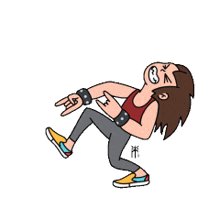 a cartoon drawing of a man wearing a red shirt and gray pants