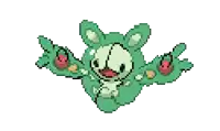 a pixel art drawing of a green and white cartoon character with a red nose and arms .