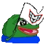 a pixel art of a green frog with a joker mask on its head .