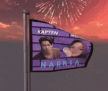 a purple flag with a picture of a man and a woman and the word kapten on it