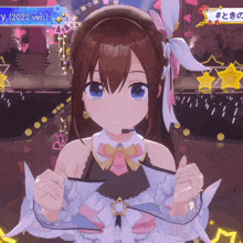 a girl with a microphone on her head is wearing a white dress