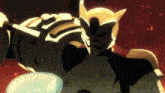 a cartoon character with a helmet on is holding a blue object