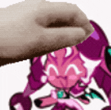 a person is petting a cartoon character with purple hair and horns on a white background .