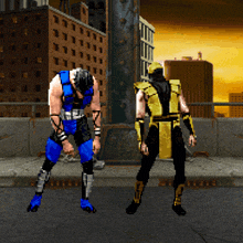 two video game characters are standing next to each other on a street