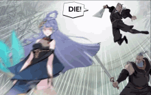 a speech bubble with the word die above a woman