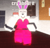 a cartoon character in a pink dress with the words cry about it above her