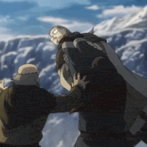 a man is carrying another man on his shoulders in a cartoon scene .