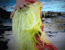 a close up of a woman 's hair with a blue sky in the background