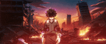 a cartoon character is standing in front of a city on fire