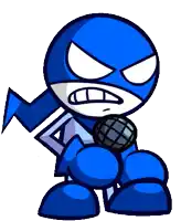 a cartoon character in a blue mask is holding a microphone