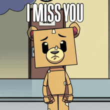 a cartoon of a teddy bear with a box on his head that says " i miss you "