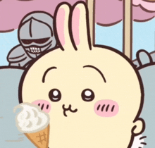 a cartoon of a rabbit holding an ice cream cone with a knight in the background