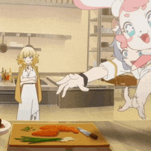 a cartoon character is pointing at a cutting board with carrots and green onions on it