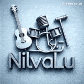 a 3d rendering of a guitar drums and a microphone with the name nilvalu