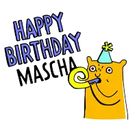 a cartoon of a cat blowing a party horn with the words happy birthday mascha written above it