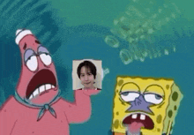 patrick star and spongebob squarepants are holding a picture of a man in the water .