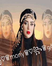 a woman wearing a head scarf with the word mony on the bottom