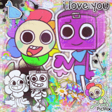 a picture of cartoon characters with the words " i love you " on top
