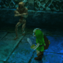 a video game character is holding a sword in front of a skeleton in a dark room