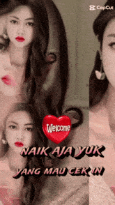 a picture of a woman with a heart that says welcome