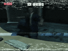 a blurred image of a person standing in a dark room with a keyboard