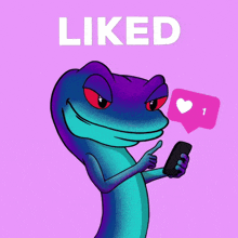 a cartoon lizard is holding a cell phone and giving a thumbs up with the word liked below it