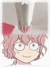 a drawing of a girl with pink hair and a piping bag in the background
